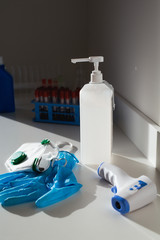 Close up. Health Protection Kit for the Coronavirus Pandemic COVID-19. Respirator with green valve,...