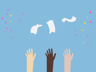 Hands toss disposable medical masks up and confetti around on a blue background. The concept of celebrating the end of the quarantine, the victory over the virus. Vector illustration.