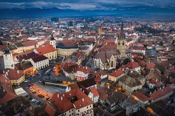 Fototapeta na wymiar Sibiu, Romania aerial view of downtown at night time