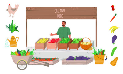 A man sells natural products: homemade fruits and vegetables, eggs, herbs, berries. The concept of eco products, healthy eating habits and agriculture. Cartoon flat vector illustration.