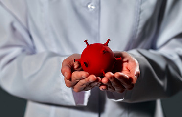 Hands of a doctor who hold a 3D model of coronavirus infection.