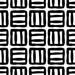 Black ink squares isolated on white background. Geometric seamless pattern. Hand drawn vector graphic illustration. Texture.