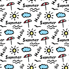 Summer seamless pattern with doodles and text. Hand drawn vector graphic illustration. Isolated object on a white background. Texture.