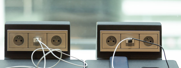 Sockets and USB charging for a phone at the airport, Close-up