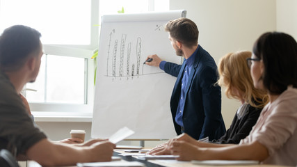 Confident businessman in suit drawing graphs on flip charts presentation new project in boardroom at company meeting. Young coach auditor speaks with colleagues about business using board.