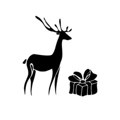 Deer with a gift. Black silhouette. Vector illustration.