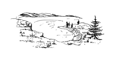 Landscape with mountains, nature, lake. Sketch. Vector illustration.