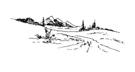 Landscape with mountains, nature, rural road. Sketch. Vector illustration.