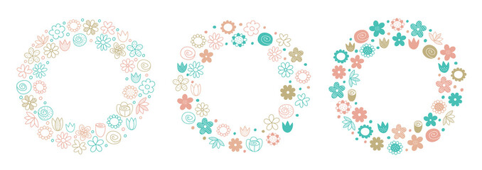 Set of floral wreaths. Hand drawn flourishing frames. Compositions with decorative modern flowers. Vintage botanical illustrations.