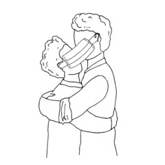 Two men are hugging. Line art. Vector illustration.