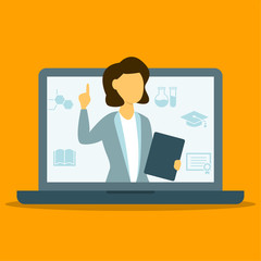 Online female tecaher pointing finger vector illustration in flat design