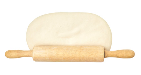 Floured Rolling Pin on Pizza or Bread Dough. Isolated on white background
