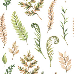 Fototapeta na wymiar Greenery watercolor seamless pattern. Botanical background with green branches, leaves and fern illustrations. Floral Design. Perfect for invitations, wrapping paper, textile, fabric, poster, packing