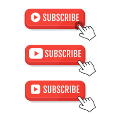 Subscribe, call button and hand cursor. Red button for subscribing to a channel, blog. Social network web button, channel element, video content. Social media concept. Marketing. Vector illustration.