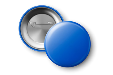 Vector 3d Realistic Blue Metal, Plastic Blank Button Badge Icon Set Isolated on Transparent Background. Top View - Front and Back Side. Template for Branding Identity, Logo, Presentations. Mock-up