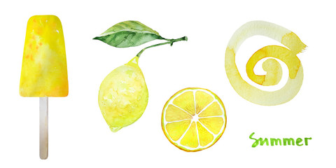 Yellow Set. Lemon, lemon fruit slice, fruit ice pop and spiral. Fresh Summer watercolor illustration. Isolated on white with inscription Summer