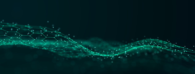 Futuristic abstract mesh. Wave with the connection of luminous points and lines. 3D rendering.