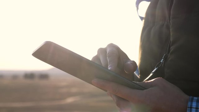 tourist man with digital tablet a navigating looking search path on map lifestyle. business concept freedom travel tourism adventure. Hipster tourist with backpack