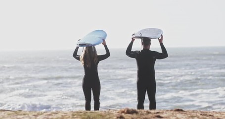 Back view senior couple with dog holding surfboards at beach - Powered by Adobe