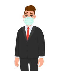 Young businessman wearing medical mask. Trendy hipster person covering face protection from virus disease. Modern lifestyle. Male character cartoon illustration design in vector style.
