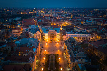 Aerial night view of Timisoara, Romania. Cityscape of Timisoara at twilight time - 345412712