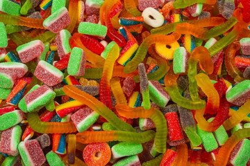 Assorted gummy candies. Top view. Jelly  sweets background.
