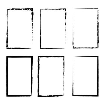 Six frames of black color drawn with a brush on a white background. Vintage, unique frames in retro style. Vector illustration. Stock Photo.