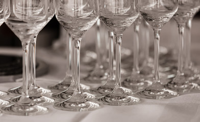 clean sparkling wine glasses, empty legs close-up. selective focus