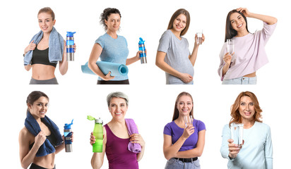 Different women with water on white background