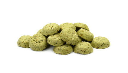 Green Mint chip cookies on white background. Biscuits with whole-wheat (wholemeal) flour with mint.