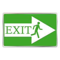 White arrow on a green background with the words "exit" and the running man depicted on it. Unique, bright sign to indicate exit. Vector illustration. Stock Photo