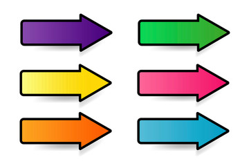 Bright multi-colored arrows of medium shape with a black stroke. Unique pointers in different colors. Vector illustration. Stock Photo