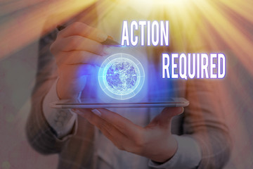 Text sign showing Action Required. Business photo showcasing Regard an action from someone by virtue of their position Elements of this image furnished by NASA