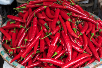 Baskets with pepper on the traditional  street market, Hanoi, Vietnam.