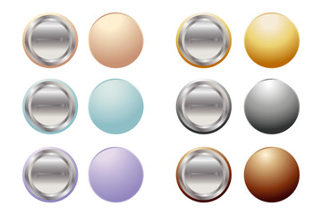 Six round empty badges from two thorns of different colors, bright colors. Reverse side of the latch icon. Vector illustration. Stock Photo.