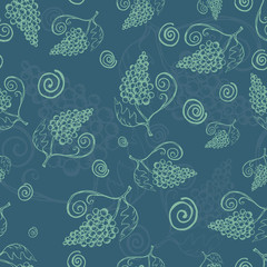 Vintage Seamless Pattern with Grape Bunches Made in Blue Green Shades