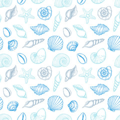 Hand drawn vector illustrations - seamless pattern of seashells. Marine background. Collection of shells and starfishs. Perfect for fabric, textile, linens, invitations, posters, prints, banners