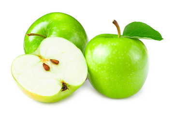 green apples with slices and green leaves isolated on white background