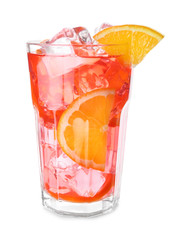 Glass of tasty cold ice tea on white background