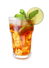 Glass of tasty cold ice tea on white background