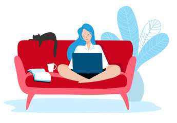 Vector illustration of woman sitting on sofa with laptop and working remotely from home. Concept of distance work and education. - 345415794