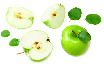 green apples with slices and green leaves isolated on white background. top view