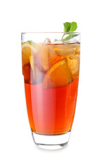Glass of tasty cold ice tea on white background