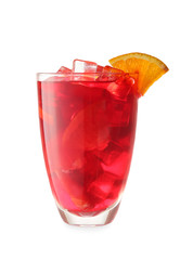 Glass of tasty cold ice tea on white background