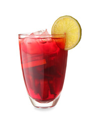 Glass of tasty cold ice tea on white background