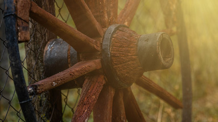 A broken wheel from a harness leaning against a pole. Sunny day