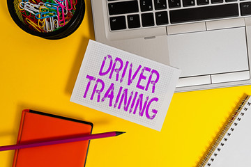 Text sign showing Driver Training. Business photo showcasing prepares a new driver to obtain a...