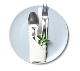 Beautiful table setting on white background