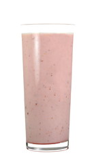 Glass of pink strawberry milkshake or cocktail isolated on white background. 