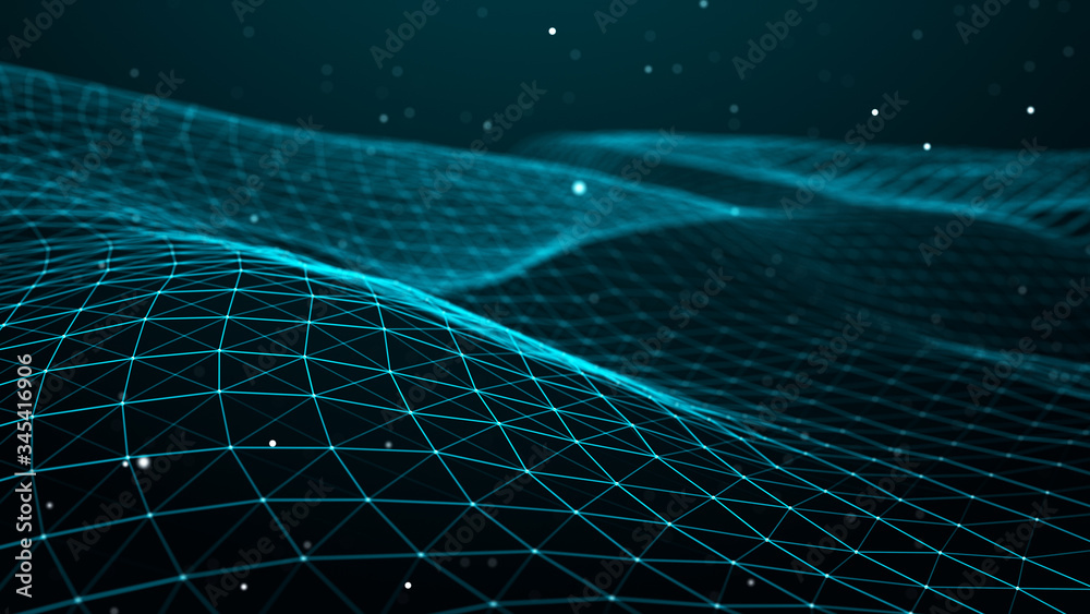 Poster abstract dynamic wave of points and lines. perspective grid. big data. network of particles. digital